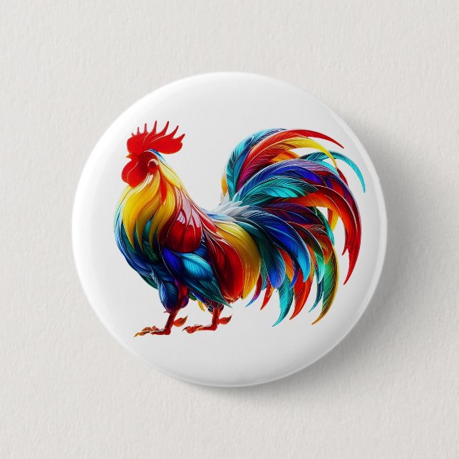 Vibrant Colorful Rooster Art Button (Front)