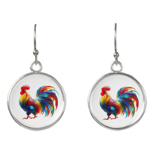 Vibrant Colorful Rooster Art Earrings