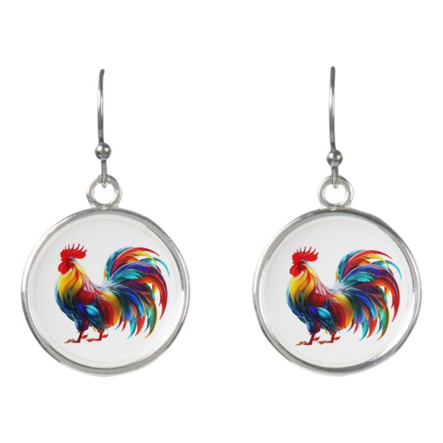 Vibrant Colorful Rooster Art Earrings (Front)