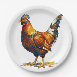 Vibrant Colorful Rooster Illustration Artwork Paper Plates