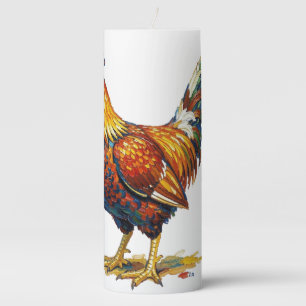 Vibrant Colorful Rooster Illustration Artwork Pillar Candle