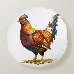 Vibrant Colorful Rooster Illustration Artwork Round Pillow