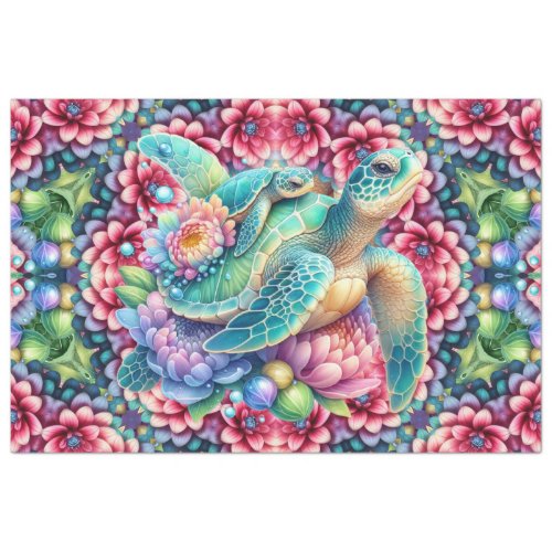Vibrant Colorful Sea Turtle Floral Pattern Tissue Paper