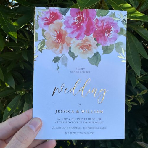 Vibrant Colorful Spring Flowers Wedding Gold Foil Invitation