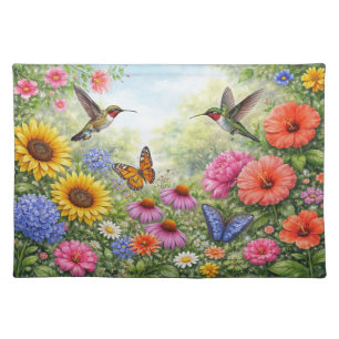 Vibrant Colorful Summer Hummingbird Garden Scene Cloth Placemat