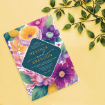 Vibrant Colorful Summer Watercolor Floral Wedding Invitation<br><div class="desc">This pretty and bold wedding invitation is perfect for the summer and spring. It features hand-painted watercolors of botanical flowers and leaves, modern typography, and rounded diamond shape text space. The color scheme includes mango yellow, magenta pink, purple, green, teal, and white. It's vibrant, colorful, pretty, elegant, unique, and stylish;...</div>