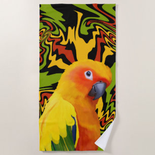 Vibrant Colorful Sun Conure Parrot Beach Towel