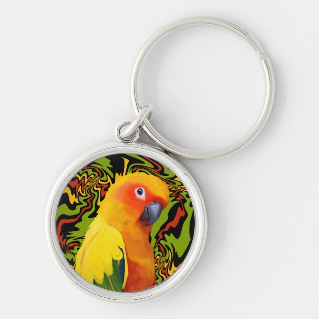 Vibrant Colorful Sun Conure Parrot Keychain (Front)