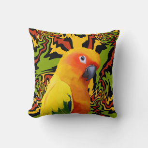 Vibrant Colorful Sun Conure Parrot Throw Pillow
