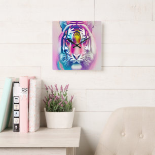 Vibrant Colorful Tiger Face Bold Modern Wildlife Square Wall Clock