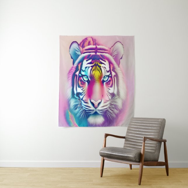 Vibrant Colorful Tiger Face Bold Modern Wildlife  Tapestry (In Situ)