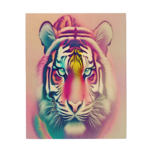 Vibrant Colorful Tiger Face Bold Modern Wildlife Wood Wall Art