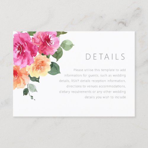 Vibrant Colorful Watercolor Floral Wedding Details Enclosure Card