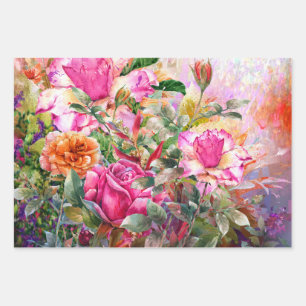 Vibrant Colorful Watercolor Pink Roses Wrapping Paper Sheets