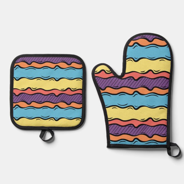 Vibrant Colorful Wavy Stripes Oven Mitt & Pot Holder Set (Front)