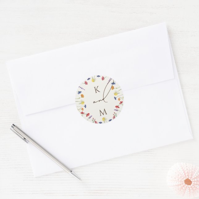 Vibrant Colorful Wildflower Monogram Initial Classic Round Sticker (Envelope)