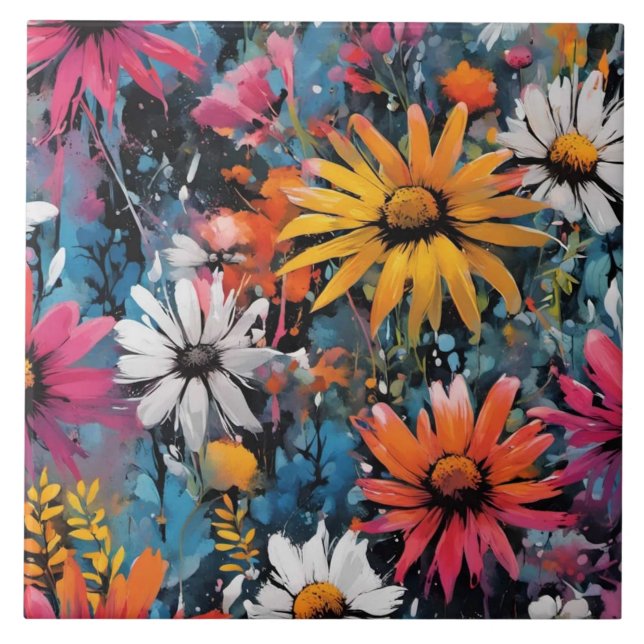 Vibrant Colorful Wildflower Print Ceramic Tile (Front)