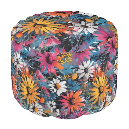 Vibrant Colorful Wildflower Print Pouf