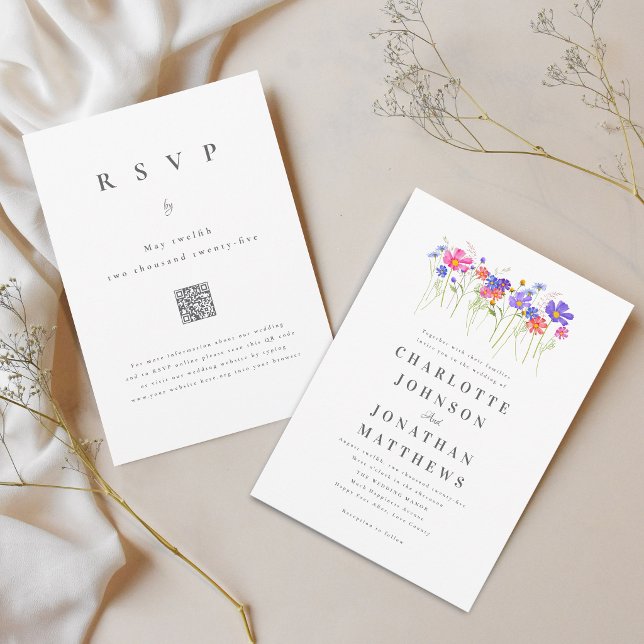 Vibrant Colorful Wildflower Wedding QR Code Invitation (Vibrant colorful wildflower floral qr code wedding invitation elegant modern script watercolor )