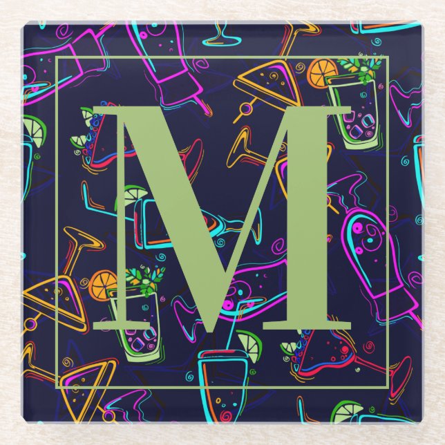 Vibrant Colors Neon Cocktails on Black Glass Coaster (Front)