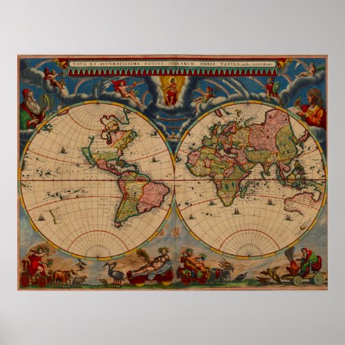 Vibrant Colors Vintage Old World Map Poster
