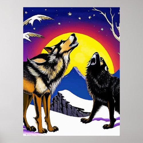 Vibrant Colors Wolves Howling Moonlight Art Poster