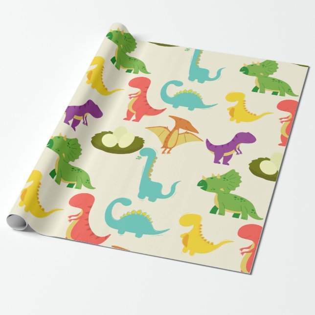 Vibrant Colourful Dinosaurs And Eggs Wrapping Paper (Unrolled)