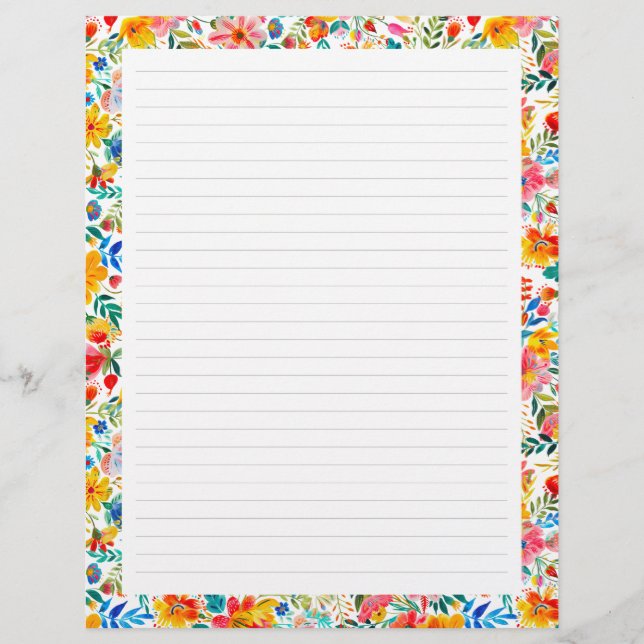 Vibrant Colourful Floral Lined Stationery Paper (Front)