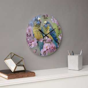 "Vibrant Companions: Blue and Yellow Budgies" Large Clock