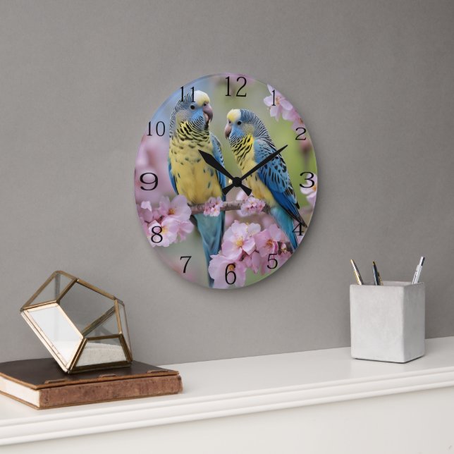 "Vibrant Companions: Blue and Yellow Budgies" Large Clock (Office)