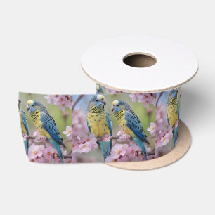 "Vibrant Companions: Blue and Yellow Budgies" Satin Ribbon
