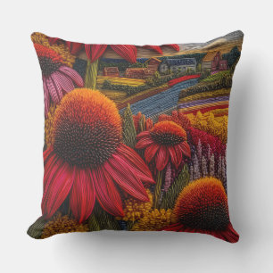 Vibrant Coneflower Field Countryside Embroidered Outdoor Pillow