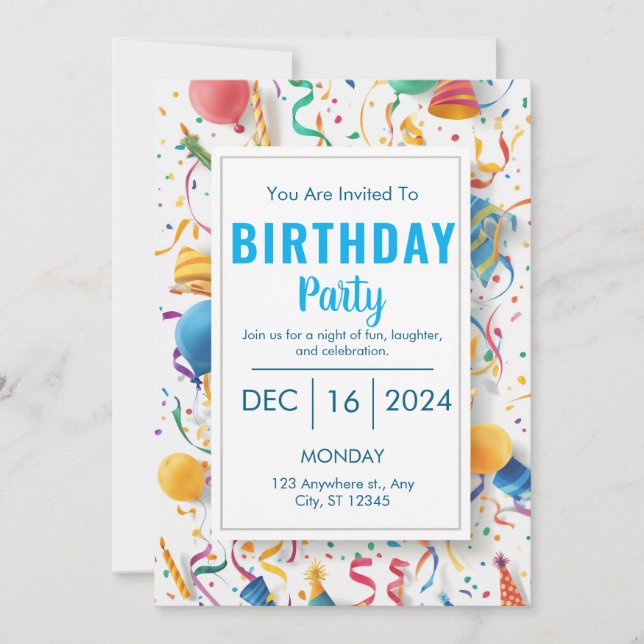 Vibrant Confetti Balloon Birthday Party Invitation (Front)