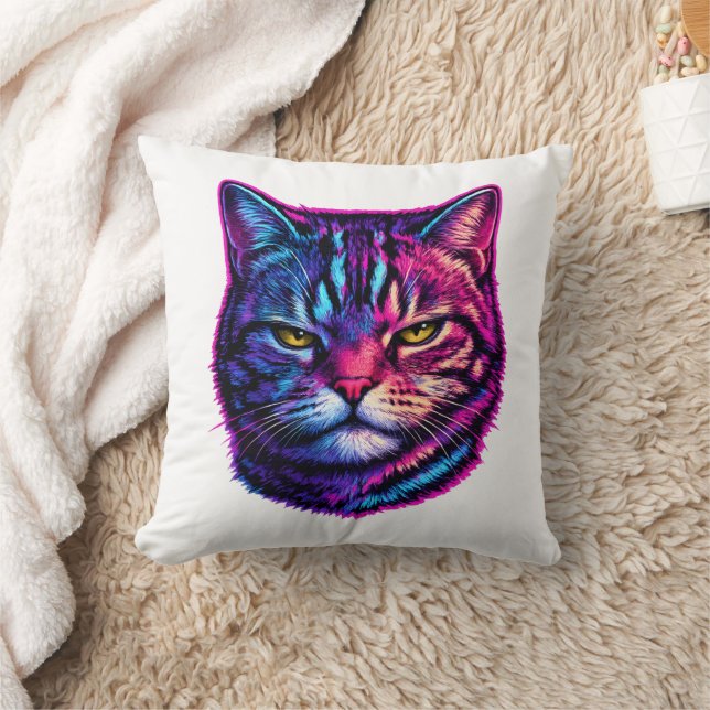  Vibrant & Cool Animal Decor Psychedelic Cat Throw Pillow (Blanket)