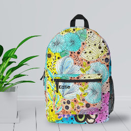 Vibrant Cool Whimsical Floral Hand-drawn Doodles Printed Backpack