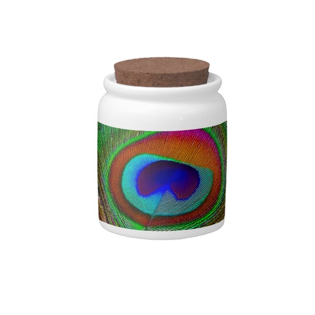 Vibrant Copper Peacock Feather Candy Jar (Front)