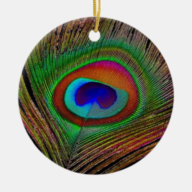 Vibrant Copper Peacock Feather Ceramic Ornament (Front)