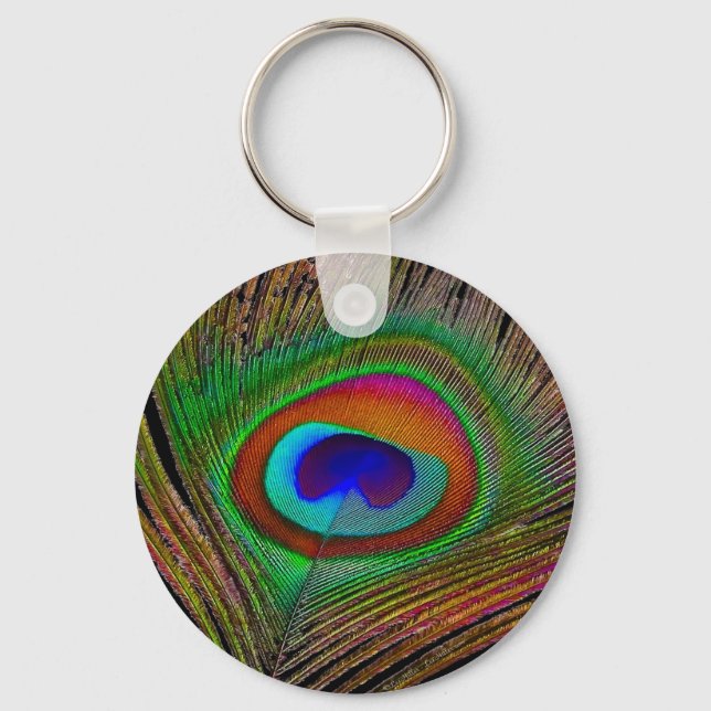Vibrant Copper Peacock Feather Keychain (Front)