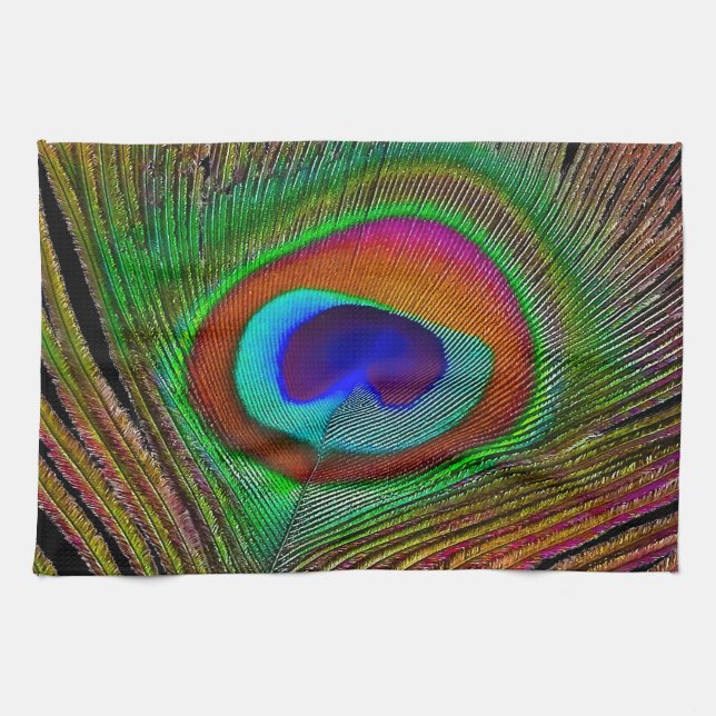 Vibrant Copper Peacock Feather Kitchen Towel (Horizontal)