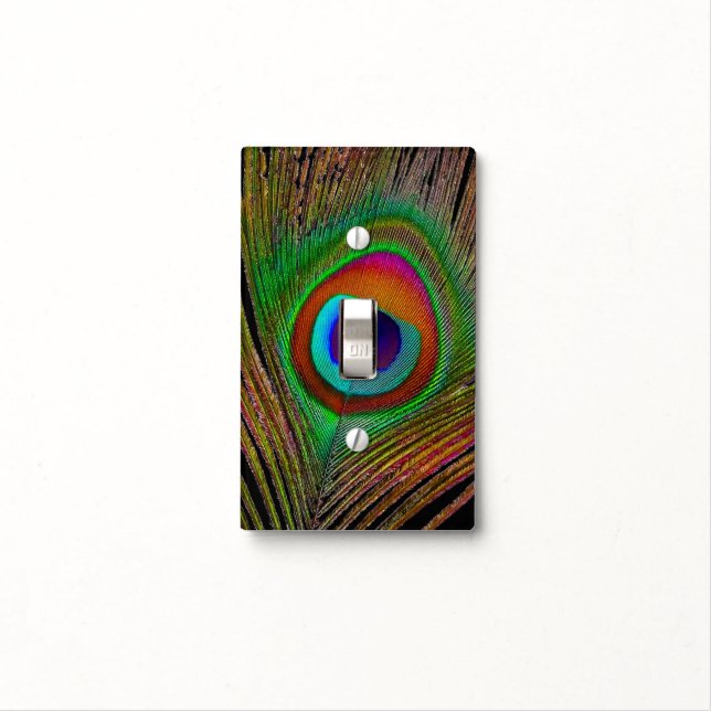 Vibrant Copper Peacock Feather Light Switch Cover (In Situ)