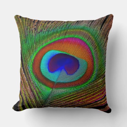 Vibrant Copper Peacock Feather Throw Pillow