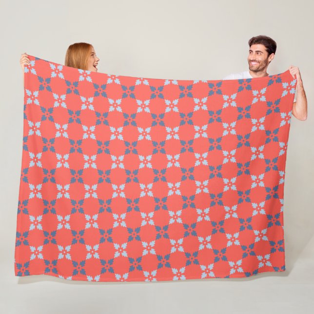 Vibrant Coral & Blue Floral Geometric Pattern Fleece Blanket (In Situ)
