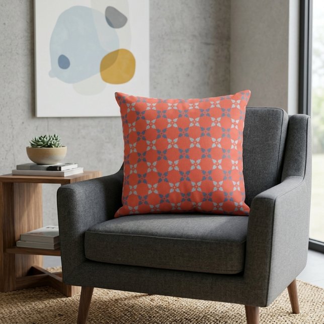 Vibrant Coral & Blue Floral Geometric Pattern Throw Pillow (Creator Uploaded)