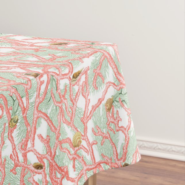 Vibrant Coral Branches with Seashells Tablecloth (In Situ)