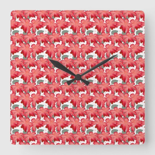 Vibrant Coral Floral Pattern | Bold Red Flowers  Square Wall Clock