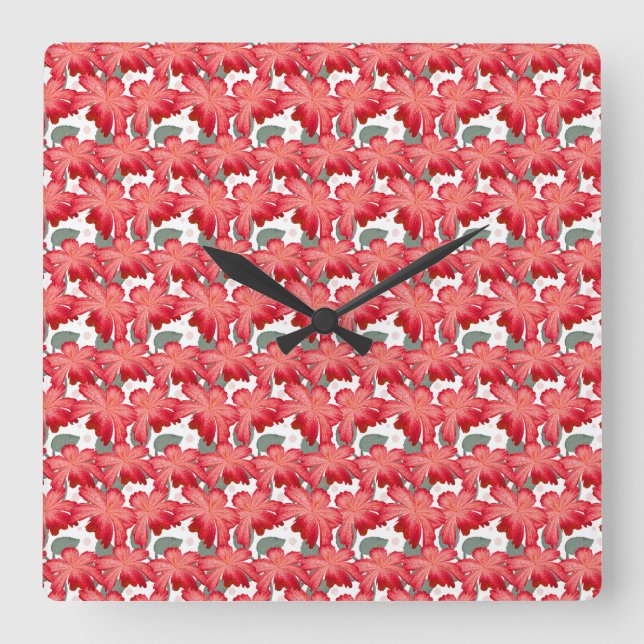 Vibrant Coral Floral Pattern | Bold Red Flowers  Square Wall Clock (Front)