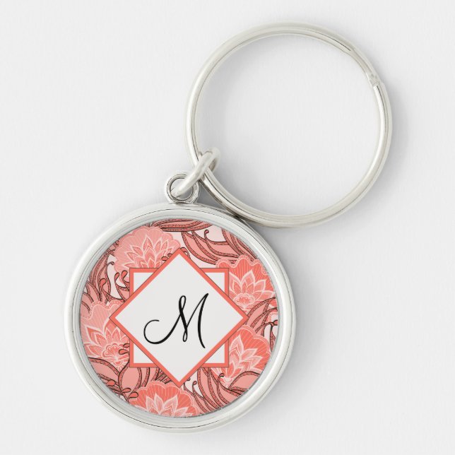 Vibrant Coral Floral Pattern Monogrammed Keychain (Front)