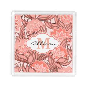 Vibrant Coral Floral Pattern Personalized Acrylic Tray