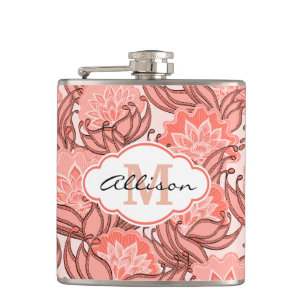 Vibrant Coral Floral Pattern Personalized Hip Flask