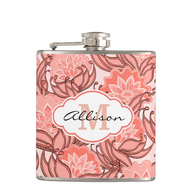 Vibrant Coral Floral Pattern Personalized Hip Flask (Front)
